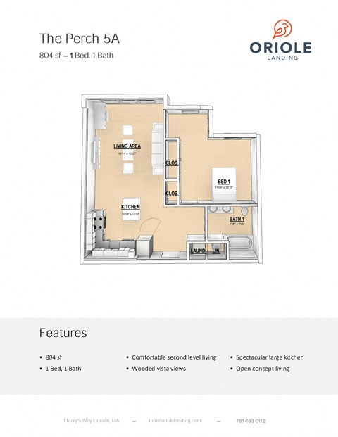 1 bedroom 1 bathroom floor plan Jat Oriole Landing, Lincoln, MA